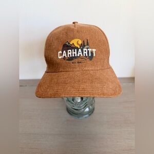 Carhartt Logo Spell Out Brown Duck Canvas Adjustable Snapback Hat Cap Mountains